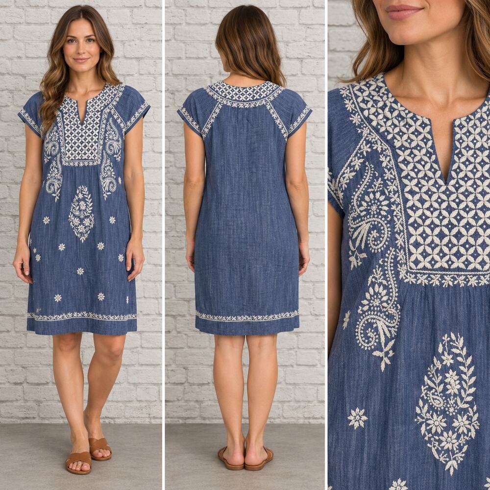 Roller Rabbit Blue Chambray Cap Sleeve Dress Size XS Embroidered Sheath